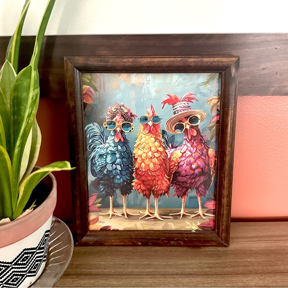 Silly Chicken Squad Hats & Sunglasses Canvas Wall Art Wood Framed Farm Print